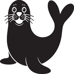 A cartoon seal with a happy expression and long whiskers in black and white illustration style image