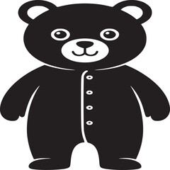 A black and white illustration of a bear wearing a button up outfit on a white background standing up
