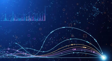 Abstract data flow with lines and particles on a dark blue background