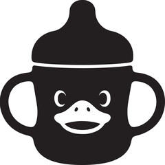 A black and white illustration of a baby bottle designed to look like a cartoon duck face graphic art