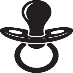 A simple black and white illustration of a baby pacifier on a white background in a minimalist style