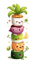 Playful Stack of Cartoon Sushi with Happy Faces and Plant