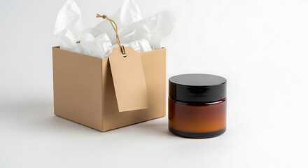 Elegant amber glass jar with black lid and kraft gift box with blank tag, ready for product branding