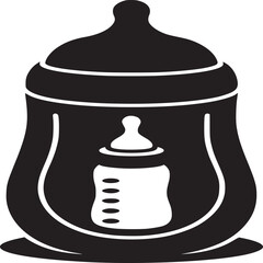 A graphic illustration of a baby bottle with a smaller bottle inside in black and white colors