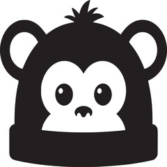 A stylized black and white illustration of a monkey face with a simple design on a white background