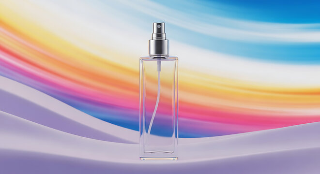 Elegant clear glass perfume bottle with silver spray top against vibrant abstract colorful background - Powered by Adobe