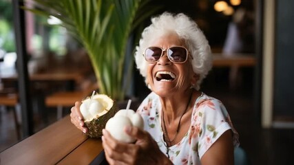 An elderly woman in stylish sunglasses smiles brightly while holding two freshly opened coconuts filled with drink. The lively ambiance of the cafe enhances the joyful moment - Powered by Adobe