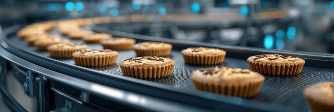 Freshly baked cookies moving along a conveyor belt in a modern bakery during a bright day