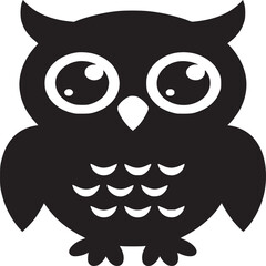 Black and white illustration of an owl with large eyes and stylized feathers on a white background