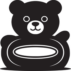 A black and white silhouette of a teddy bear holding a blank sign with rounded edges and a cute face