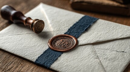 Wax sealed white envelope with a blue ribbon, decorative floral motif, close-up shot