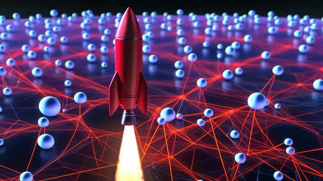 Red rocket launching from a digital network background