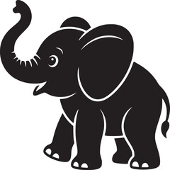 Silhouette illustration of a cartoon elephant with trunk raised and small hat on its head standing tall