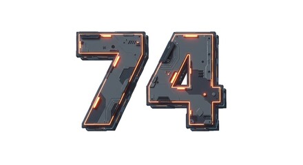 Futuristic digital number 74 with orange glow