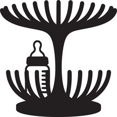 Silhouette of a baby bottle drying rack with a bottle inside, black on white background, minimalist design