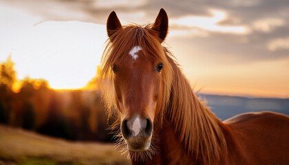Obraz premium close up of a brown horse with expressive eyes and flowing mane in a natural outdoor setting at golden hour