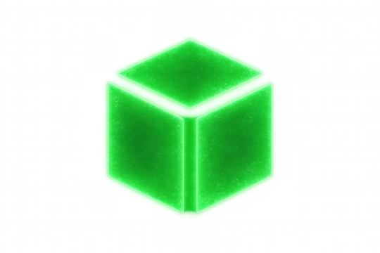 Neon green cube glowing on a transparent background, symbolizing innovation and cutting-edge technology
