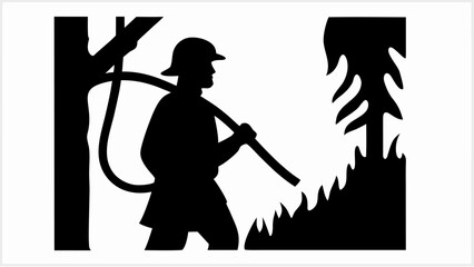 Naklejka premium Silhouette of a firefighter extinguishing a forest fire with a hose near trees and flames visible | editable eps vectors