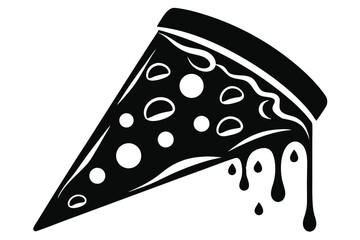 Black and White Pizza Slice Illustration with Dripping Cheese and Pepperoni Accents