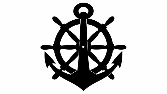 Black silhouette of a ship wheel with handles and a central anchor on a white background image design | editable eps vectors
