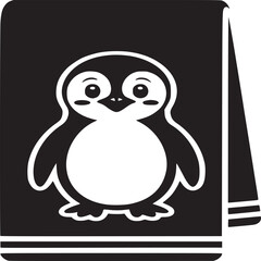 Black and white image of a towel with a cartoon penguin design on it in the center of the towel