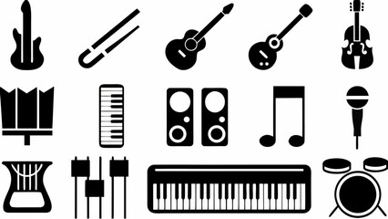 Fototapeta premium Illustration showcasing various musical instruments including guitars piano drums and microphone equipment | editable eps vectors silhouette