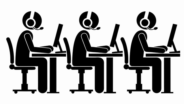 Three stick figures working at computers with headsets in a row on chairs at desks in black and white | editable eps vectors silhouette
