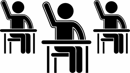 Three students sitting at desks with their hands raised in a classroom setting illustration | editable eps vectors silhouette