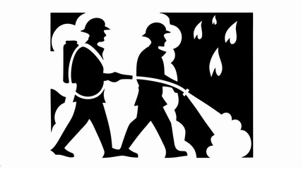 Two firefighters in silhouette extinguishing a fire with a hose and a backpack extinguisher together | editable eps vectors