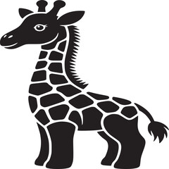 A stylized black giraffe with white spots standing against a white background in a simple illustration