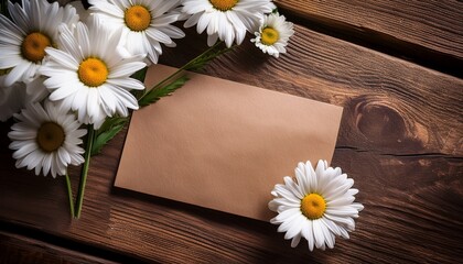 Obraz premium kraft paper card with white daisies on rustic wooden background