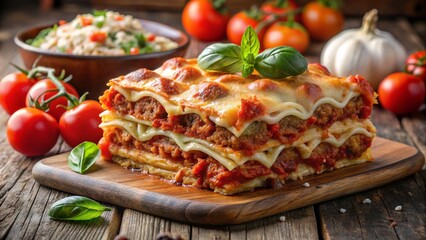 Lasagna Napoletana – layered pasta, meatballs, tomato sauce, ricotta, cheese crust, rustic Napoli table