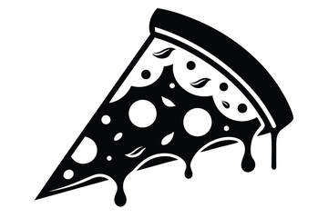 Black Silhouette of Pizza Slice with Dripping Cheese and Pepperoni Topping Design