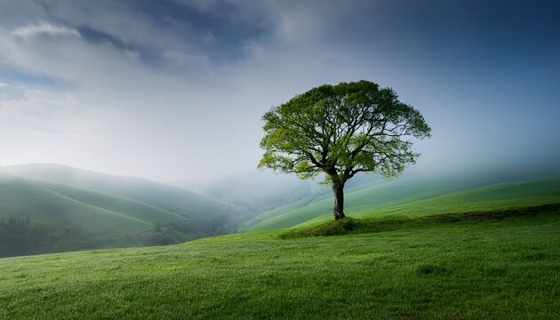 solitary tree stands tall amidst misty green landscape branches etched soft pale grey sky rolling hills
