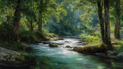 Obraz premium Serene river flowing through a lush green forest landscape.