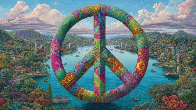 Colorful peace symbol over a serene landscape with water and mountains. - Powered by Adobe