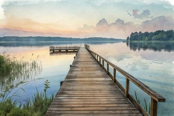 Obraz premium Wooden pier extending into a calm lake at sunset