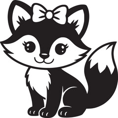 A black and white cartoon illustration of a fox with a bow on its head sitting down nicely smiling