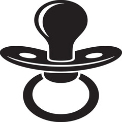 A simple black and white graphic illustration of a baby pacifier on a white background design element