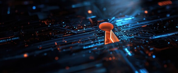 The keyhole glowing on a futuristic circuit board representing cybersecurity and digital data protection