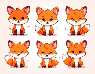 Cute cartoon foxes in various poses.  Collection of kawaii animals
