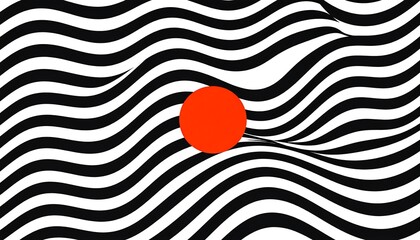 Abstract wavy black and white pattern with a red circle