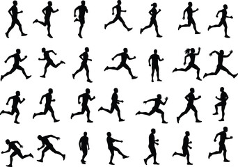Large collection of twenty-four running and jogging human silhouettes, different poses and gaits, male and female figures, isolated black on white background