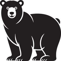 A black bear illustration standing on a white background looking forward with a happy expression on its face