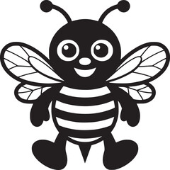 A black and white cartoon of a bee with stripes and wings on a white background illustration art