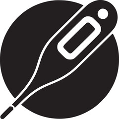 A digital thermometer displayed against a black circle on a white background in a simple illustration
