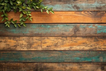 Fototapeta premium Rustic wooden planks with green foliage in upper left corner isolated on white background