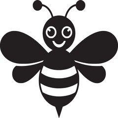 A black and white graphic of a cartoon bee with stripes and antennae on a white background image
