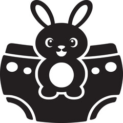 A black and white illustration of a rabbit sitting in a diaper on a white isolated background