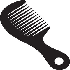 A minimalist black silhouette of a hair comb with a handle and circular hole on a white background